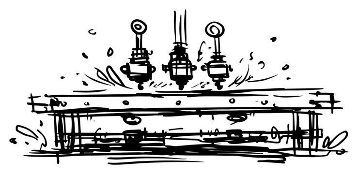Production line with mechanical pistons and automated machinery in sketchy hand drawn style
