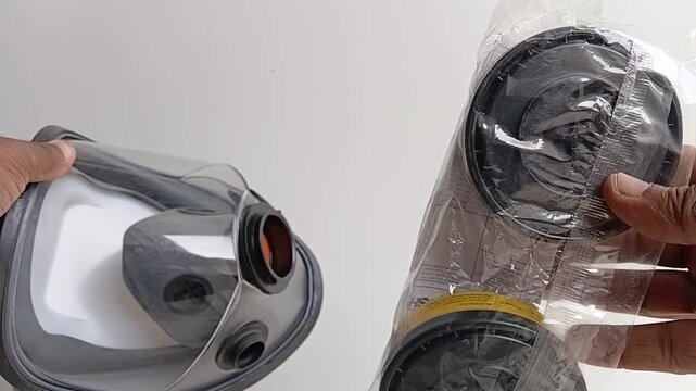 Industrial Safety Gear Showing A Full Face Mask Respirator And Dual Filter Canisters Used For Protection Against Hazardous Chlorine Gas In Water Treatment