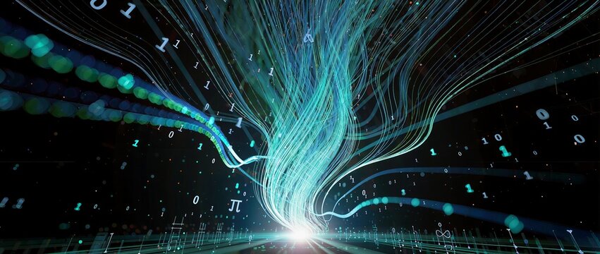 Abstract digital data flow with glowing lines and binary code concept
