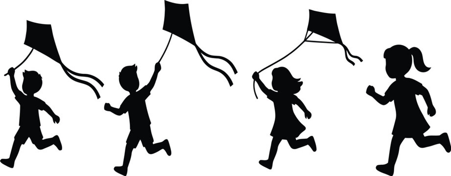 Children flying kites silhouette against a white background playful kids running with colorful diamond shaped kites high quality professional detailed modern elegant stylish