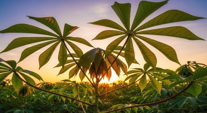 Sunlit Cassava Leaves Under Golden Evening Sky Agricultural Wonder