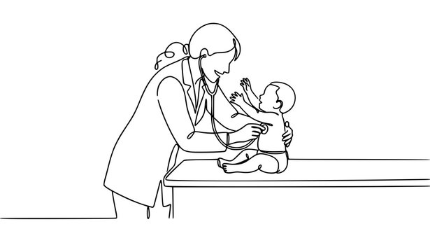 Continuous line female pediatric doctor and baby vector illustration friendly medical care concept