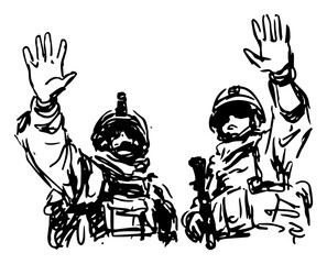 Fototapeta premium Two soldiers waving hands in greeting or farewell ink sketch style