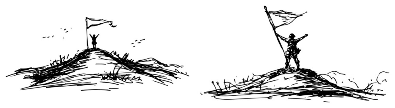 Success of person standing on mountain peak with flag in hand drawn sketch style