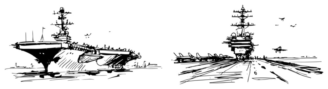 Aircraft carrier military ship with jets on flight deck in sketchy hand drawn style