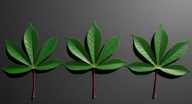 Three Vivid Green Palmated Leaves Arranged Symmetrically Isolated On A Dark Background
