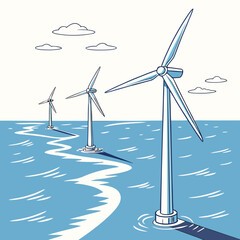 wind turbines at sea vector illustration with blue and white tones © rrr