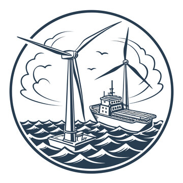 Wind turbines and ship illustration vintage style nautical scene high quality