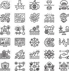 Obraz premium Ocean Carbon Dioxide Removal (CDR) Line Icons Set – 30 Minimal Black Outline Vector Icons for CO₂ Absorption, Marine Carbon Storage & Climate Mitigation Technology