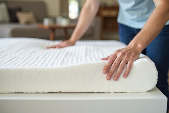 Customer Testing Memory Foam Mattress Topper on White Bed in Furniture Store Close-Up撤回
