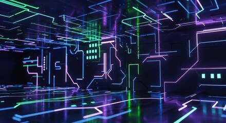 Fototapeta premium Intricate network of neon light lines illuminates a dark technological environment