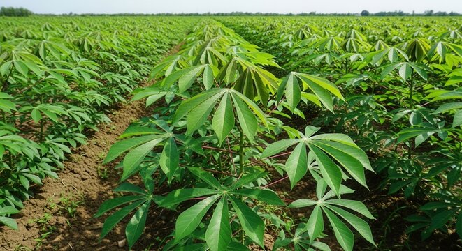 Vast Cassava Field Under A Clear Sky With Rows Of Green Plants