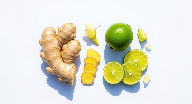 Fresh ginger root and vibrant limes arranged on a clean white background