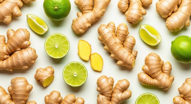 Assortment of fresh ginger roots and cut limes displayed evenly on a light surface