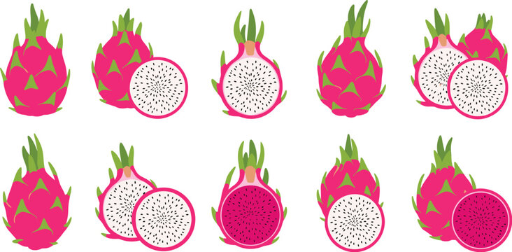 Dragon fruit pitaya vector collection featuring whole fruits and slices with white and red pulp for tropical food branding healthy lifestyle nutrition and exotic smoothie recipe illustrations