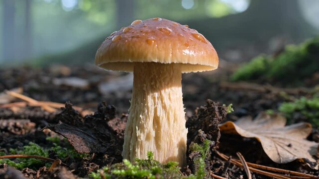 Porcini Mushroom Growing in Forest Time Lapse &mdash; Wild Boletus Emerging from Moss and Leaves