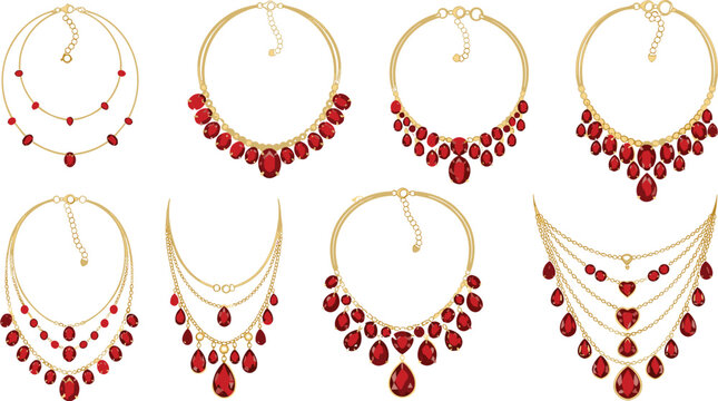 Luxury gold necklace collection with ruby red gemstones and elegant jewelry chains for formal fashion bridal accessories and high-end retail store design catalog isolated on white background