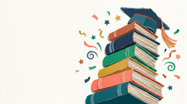 Stack of colorful books with graduation cap and confetti on background  