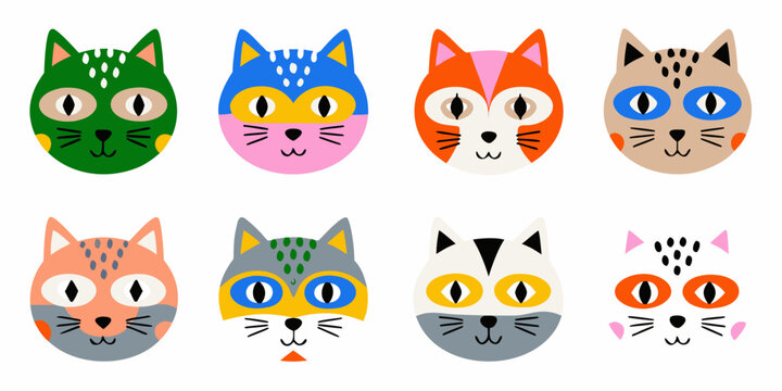 stylized animal faces grid colorful vector illustration on white background