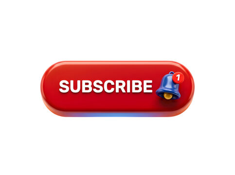 Subscribe button with notification bell isolated on transparent background