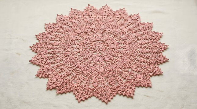 Dusty rose crochet doily intricate floral pattern handmade textile for vintage decor