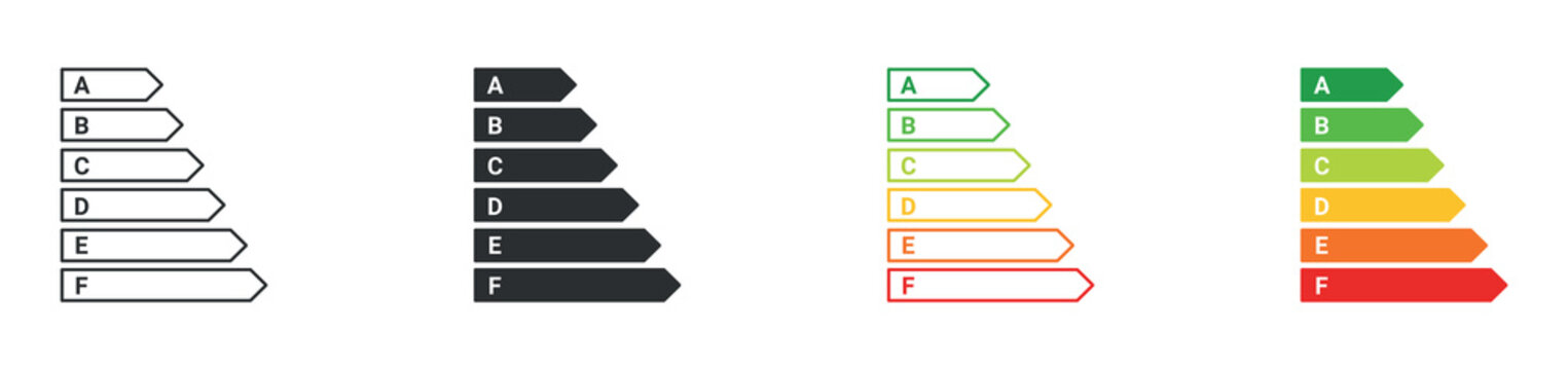Energy rating label icon set. efficiency classification scale from A to F. power consumption concept. vector illustration.