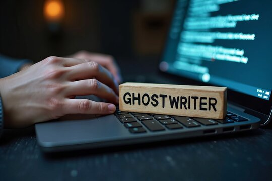 Haunting Image: Ghostwriter Engraved on Wooden Block Looms Over Typist, Capturing the Unseen Hand Behind the Words