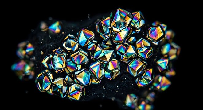Microscopic view of iridescent protein crystals with rainbow facets on dark background