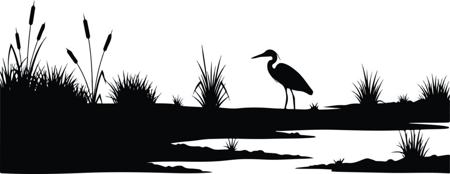 Serene Wetland Silhouette with Heron Standing by Water and Marsh Reeds