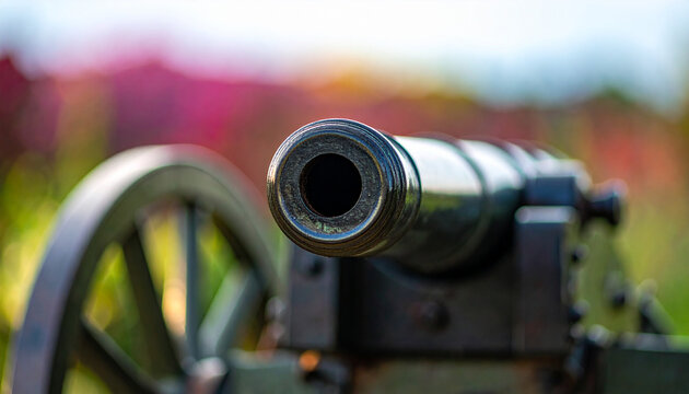 Cannon muzzle and wheel with a soft, colorful blurred background barrel artillery