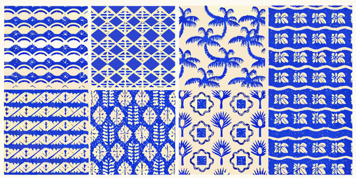 blue and white tropical patterns collection four panel design