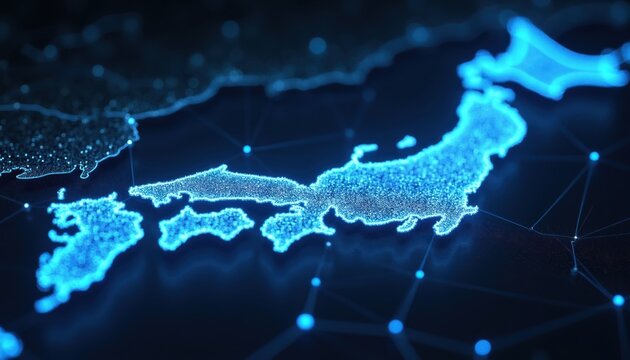 Digital map of Japan formed by glowing blue dots and network lines. Futuristic technology concept shows country connectivity and information flow. Global data network and digital infrastructure.