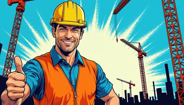 Smiling man wears hard hat safety vest, gives thumbs up. Construction cranes and city skyline in pop art style comic background. Good work progress and positive attitude.