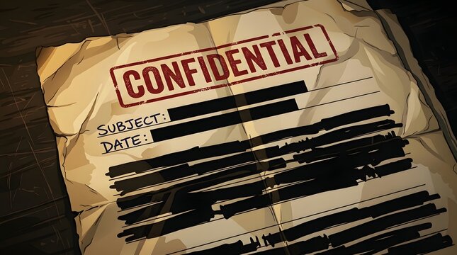 Confidential document with redacted text and red stamp blacked out legal paper