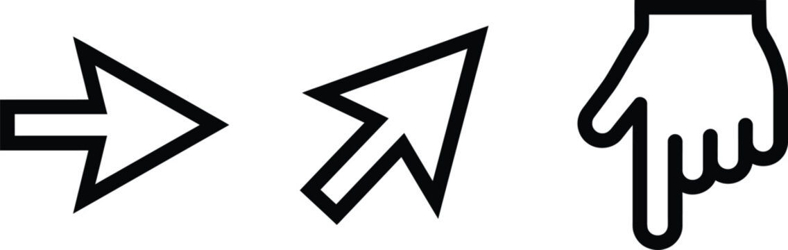 Computer mouse cursor icons including arrow hand and pointer symbols for navigation and interaction