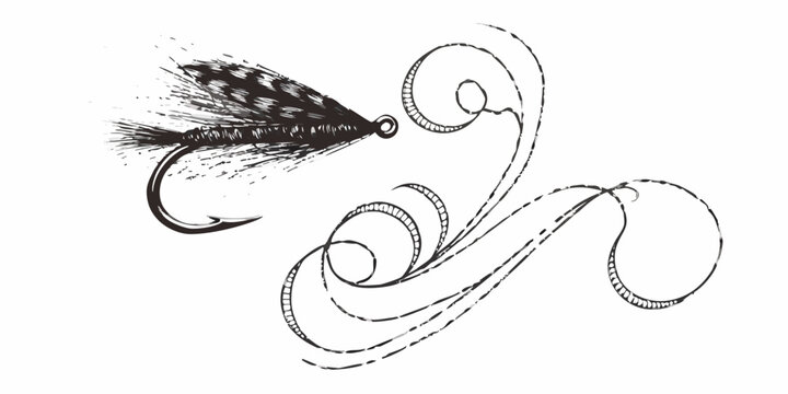 Fly fishing lure illustration artistic black and white sketch