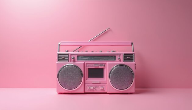 A pink 90s boombox sits on a clean white background with a pink wall. This retro audio device has a sleek design, showcasing its speakers and cassette deck.