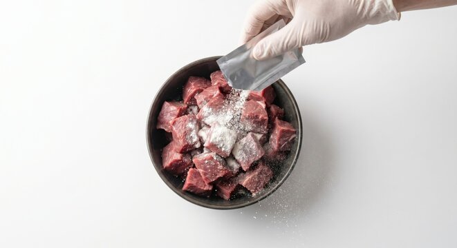 Seasoning raw venison chunks with white powder in bowl