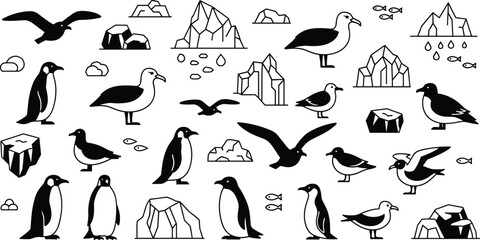 Antarctic Wildlife and Ice Landscape Icon Set Featuring Penguins, Seagulls, Icebergs and Ocean Elements Black and White Collection © Mohammad