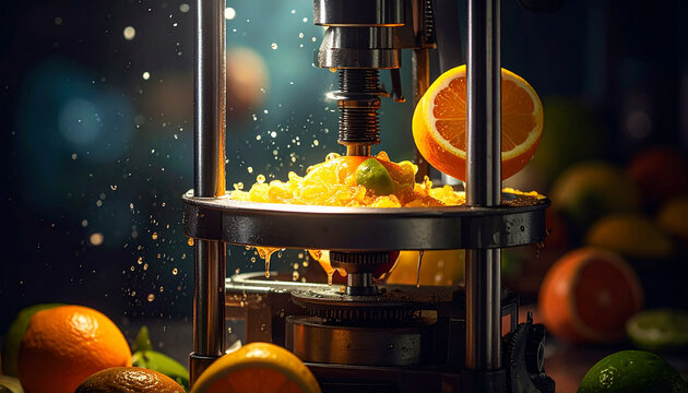Close-up of citrus fruits being juiced in a mechanical press with splashing liquid