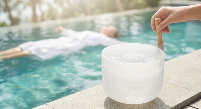 Sound healing meditation with crystal bowl by luxury pool