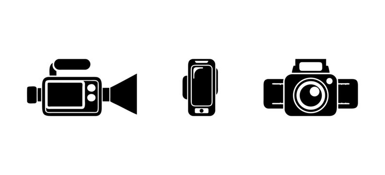 Digital media device icon pack featuring camcorder, smartphone, and camera symbols for photography and content creation themes.