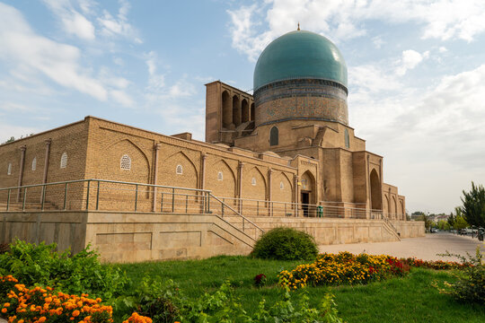 Kok Gumbaz Mosque Blue Dome Mosque in Shakhrisabz, Uzbekistan, a majestic Timurid cathedral mosque built between 1434-1435 by Ulugh Beg, featuring large blue-tiled dome and ceramic decorations.