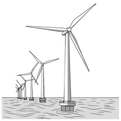 Wind turbines at sea black and white vector illustration high quality © uuu