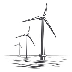 Offshore wind turbines in black and white vector illustration high quality © uuu