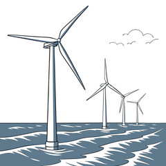 Wind turbines at sea vector illustration with blue and white tones © uuu