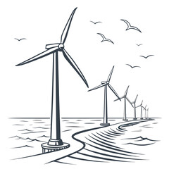 Wind turbines by the sea vector illustration with a white background © uuu