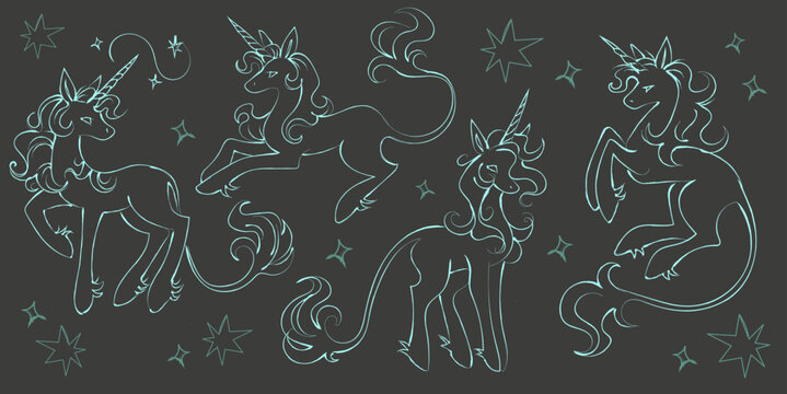 A sophisticated collection of unicorn outlines in a deep, sapphire blue hue set against a dark background. These cool-toned, nocturnal graphics provide a sense of mystery and elegance