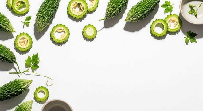 Vibrant Bitter Melon Slices And Whole Fruits Artfully Arranged On A White Background