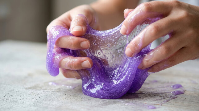 Hands playing with purple slime, stretching and squishing gooey texture on surface, creating fun and tactile sensory experience